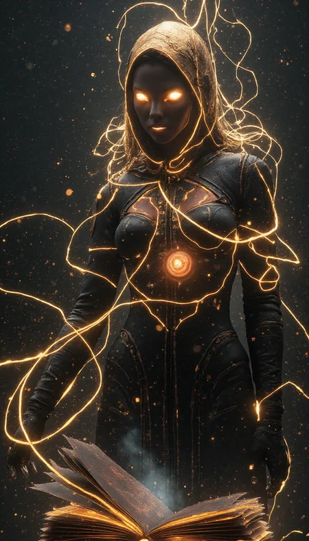 A mesmerizing, fantasy concept art piece featuring a mysterious figure with a hidden face, shrouded in a silk veil that gently flows like a river of moonlight, with singular, intricately flowing light strands dancing across the black background like ethereal brushstrokes. The atmosphere is alive with swirling particles that shimmer and glow, outlining the figure's contours in a soft, luminescent glow, while a glowing sand-like substance seems to shift and undulate beneath. Abstract graphics and swirling patterns weave together to form the contours of epic, otherworldly eyes, crafted from burning ash dust that seems to smolder with an inner fire. In the foreground, the silhouette of a ancient, leather-bound book lies open, as if the secrets of the universe are being revealed to the mysterious figure. The lighting is soft and mystical, with a warm, golden glow that seems to emanate from within, casting no shadows, and the overall mood is one of enchantment and mystique. The image features a shallow depth of field, with the figure and book sharply in focus, while the background dissolves into a swirling, dreamlike haze, and the rendering style is hyper-detailed, with intricate textures and patterns that invite the viewer to explore every nuance of this fantastical world.