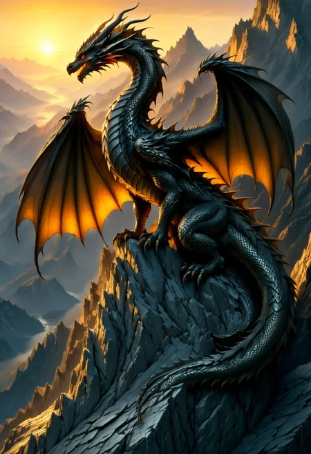 mythical dragon, perched on mountain peak, sunset lighting, detailed scales, reflective light, intricate wing texture, dramatic lighting, dragon eyes, fantasy creature, highly detailed, looking at viewer