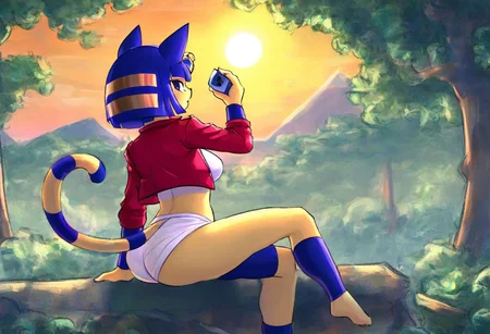 ankha (animal crossing),only one persone, with his back to the camera, sits on the edge of a cliff1 grenn/yellow forest is behind, spring, wearing a red jacket, tail up, long-range camera plan, sunrise.