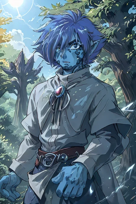 (masterpiece), 2D animation, 90s anime style, detailed face, expressive eyes,
1man, looks like Zelgadis, has blue skin,
focused expression, casting spell, detailed hands, swirling magic,
detailed background, vibrant magical forest, cinematic lighting, daytime, sunshine,
(cowboy shot:1.2),
<lora:Zelgadis001:0.8> zelgadis, blue skin
<lora:muscle_slider_v1:-1>, <lora:weight_slider_v2:-1>
<lora:Concept - Cryomancer:0.4>