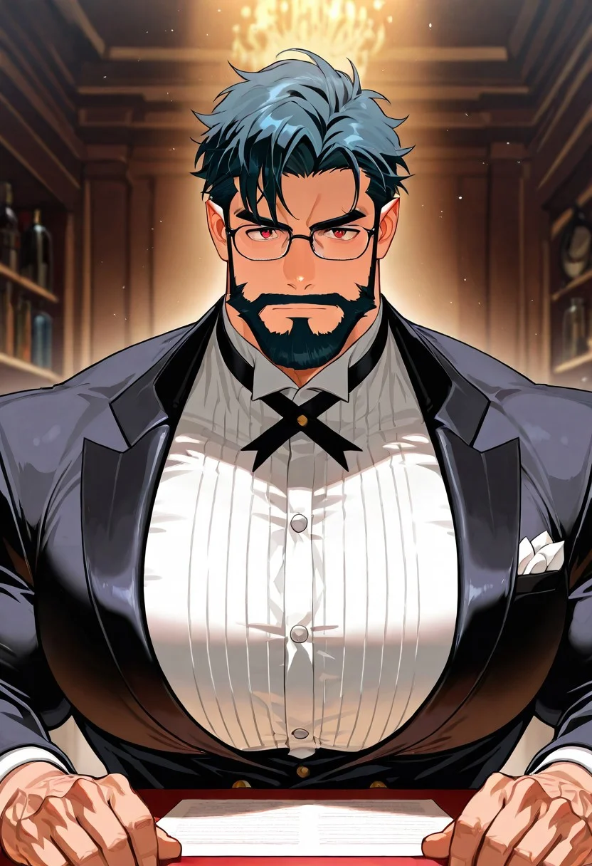 score_9,score_8_up,score_7_up, score_9, score_8_up, Intricate Details, Masterpiece, Best Quality, 1man, mature, bara, solo, male focus, correct anatomy, perfect hands, stylized seinen anime style, lots of details, shaded, detailed shading, detailed skin, counter shading, handsome, older man, thick beard, hyper muscles, broad shoulders, hyper pectorals, huge pecs, narrow waist, Glasses, vampire butler, red eyes