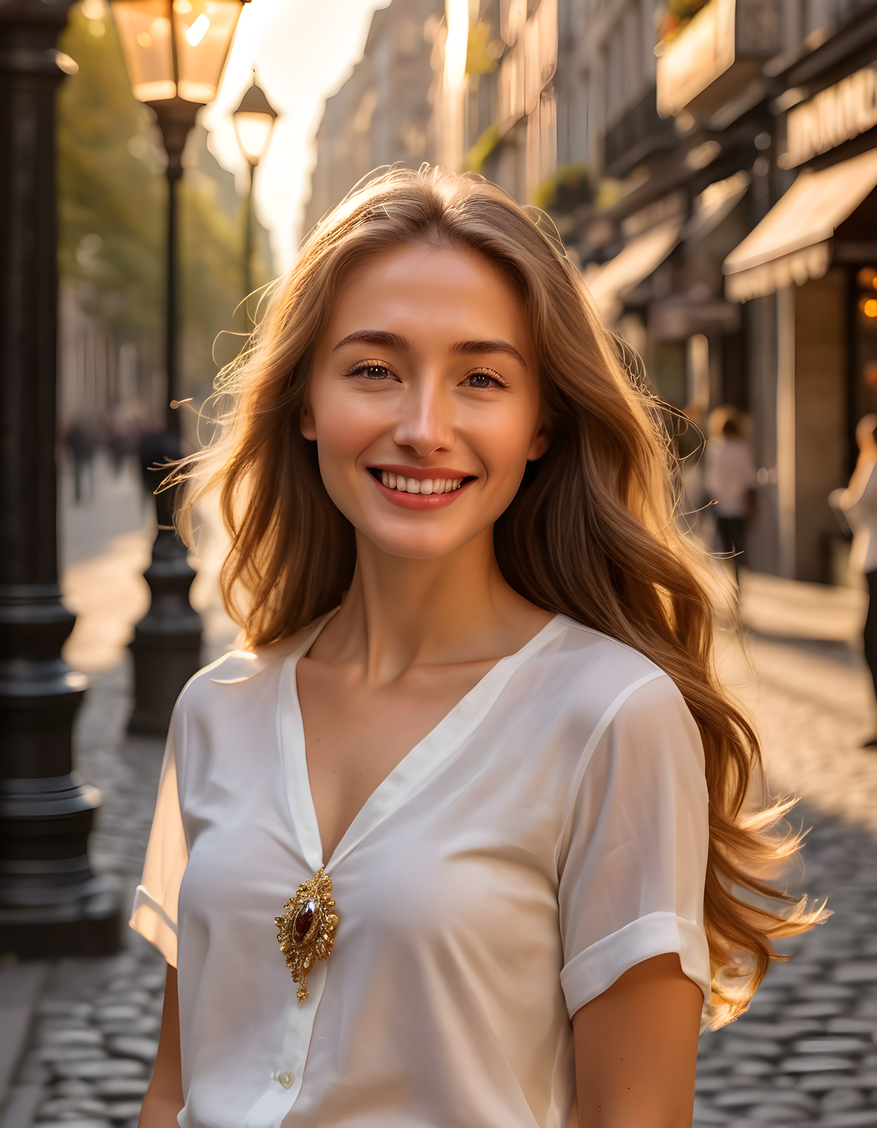 In a bustling, sunlit cobblestone square filled with the aroma of freshly baked pastries and vibrant flowers, a radiant woman named miacollinsss, with cascading chestnut locks and a subtle mole gracefully adorning her left cheek, stands alone. She wears a crisp white shirt, accessorized elegantly with dazzling jewels that catch the sunlight. With a serene smile that speaks volumes of warm affection, she gazes directly at the viewer with closed-mouth poise, her long hair gently swaying in the soft breeze, creating a timeless and enchanting portrait under the radiant glow of a nearby golden-hued streetlamp.