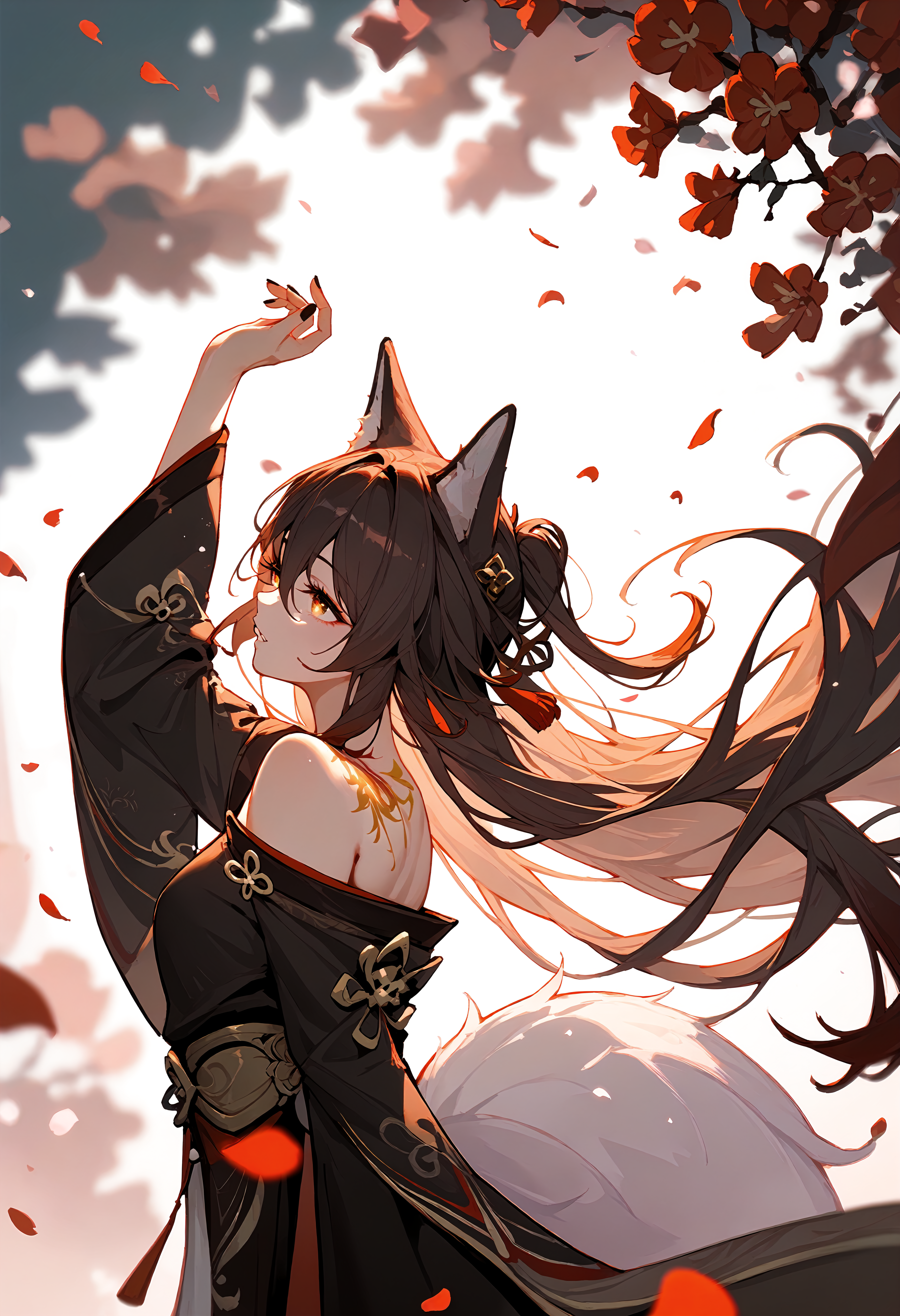 (score_9, score_8_up, score_7_up), 1girl, fugue, shoulder tattoo, off shoulder, wide sleeves, fox tail, from side, parted lips, plum blossoms, blurry background, arm raised, petals, <lora:tingyun-hsrPO-v2B:0.9>,