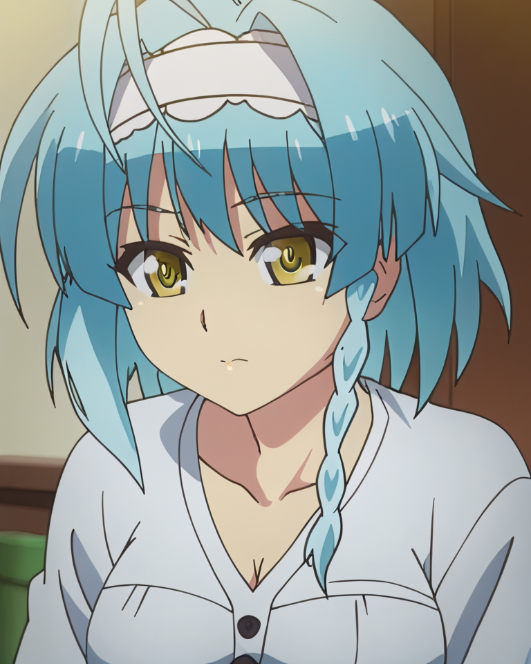 1girl,solo,anime screencap,
<lora:YukiNonaka_16XL:1> yuki_nonaka, blue hair, short hair, braid, yellow eyes, ahoge, breasts, hairband,