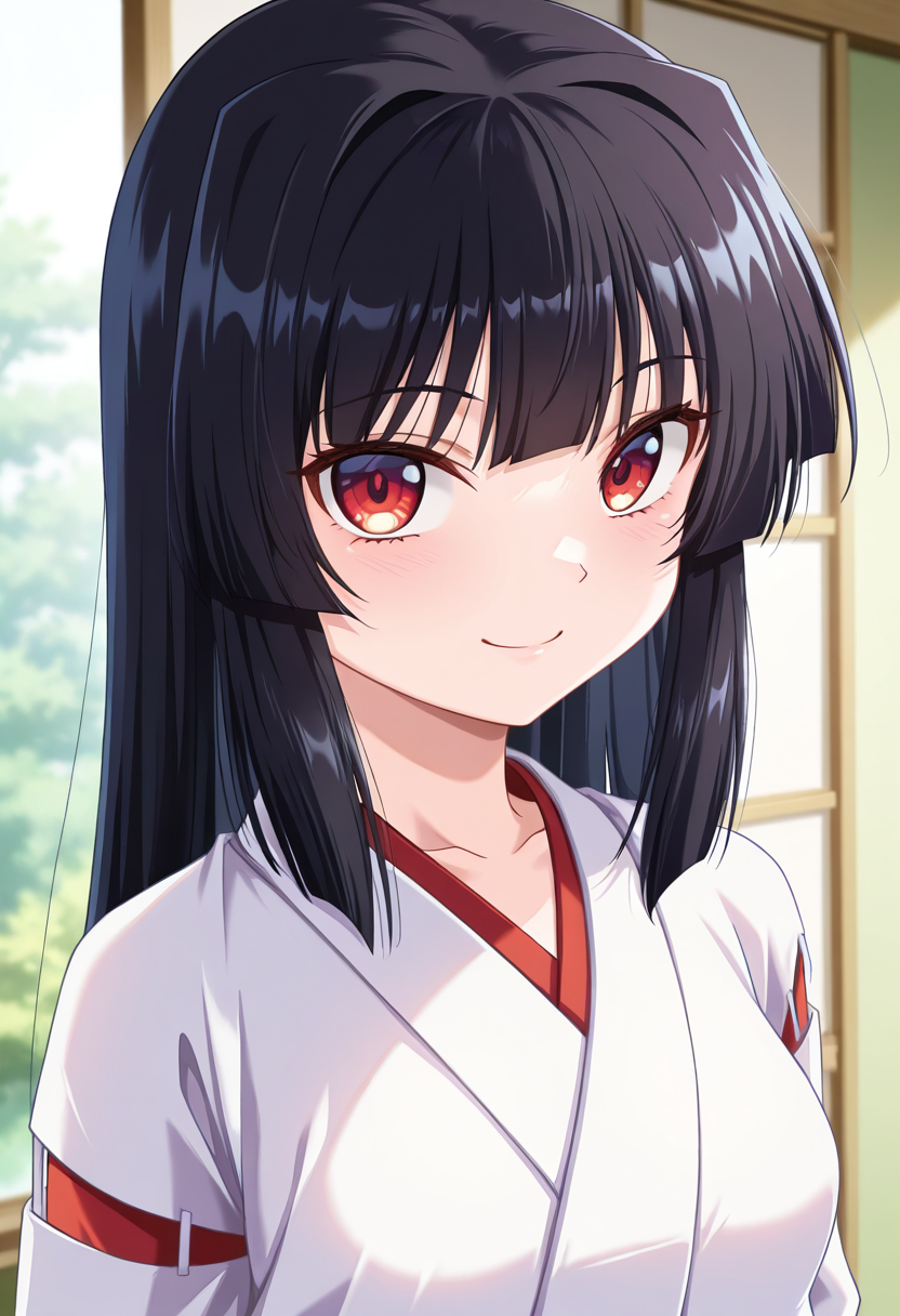 masterpiece, best quality, amazing quality, absurdres, 1girl, solo, (portrait:1.2), youkoww, red eyes, black hair, long hair, small breasts, miko, white kimono, looking at viewer, smile, indoors, day, skindentation, detailed clothing folds, depth of field, sharp, high contrast, dynamic light <lora:Sakaki_Youko_Doki_Doki_Rooming_ill:0.8>