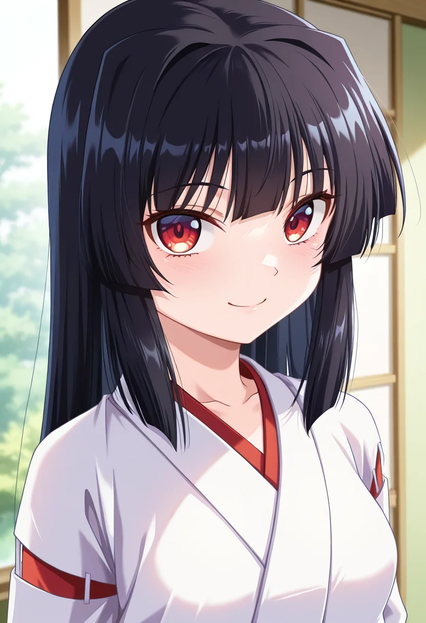 masterpiece, best quality, amazing quality, absurdres, 1girl, solo, (portrait:1.2), youkoww, red eyes, black hair, long hair, small breasts, miko, white kimono, looking at viewer, smile, indoors, day, skindentation, detailed clothing folds, depth of field, sharp, high contrast, dynamic light <lora:Sakaki_Youko_Doki_Doki_Rooming_ill:0.8>