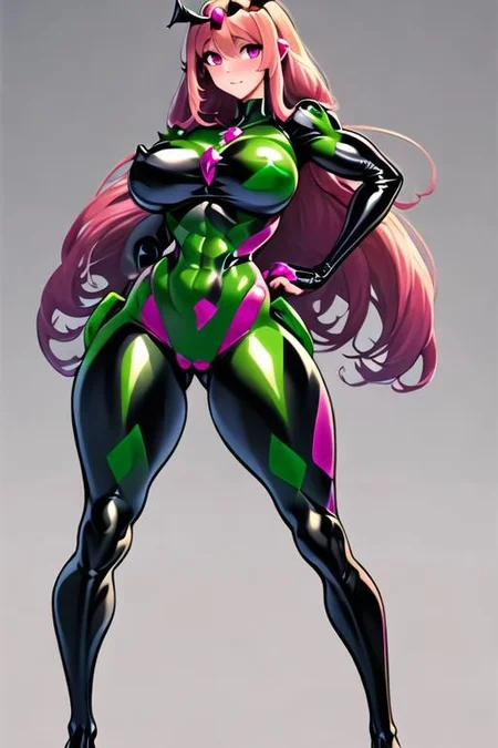 1girl, solo, Bad_End_Precure, Bad_End_Happy, muscular female with abs and thick thighs, large breasts, wide hips, pink hair, pink eyes, frilly bodysuit, latex, standing, fighting, fly, magic, masterpiece, cure_happy, red gems, handles on hips