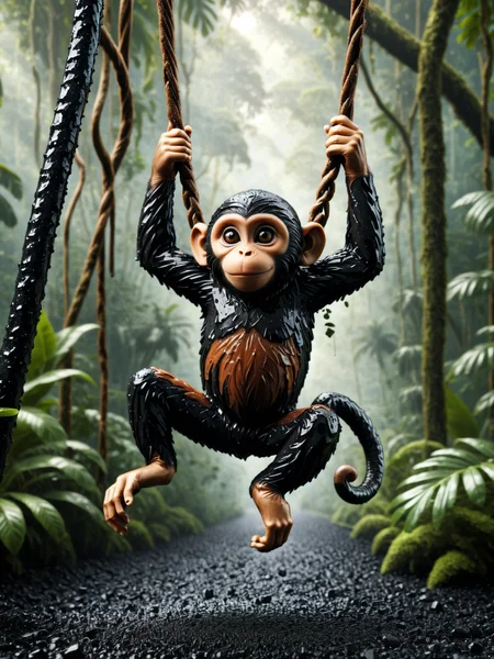 <lora:Fresh_Tarmac_SXDL:1> A monkey made of brown and black ais-tarmac, swinging in the dense jungle