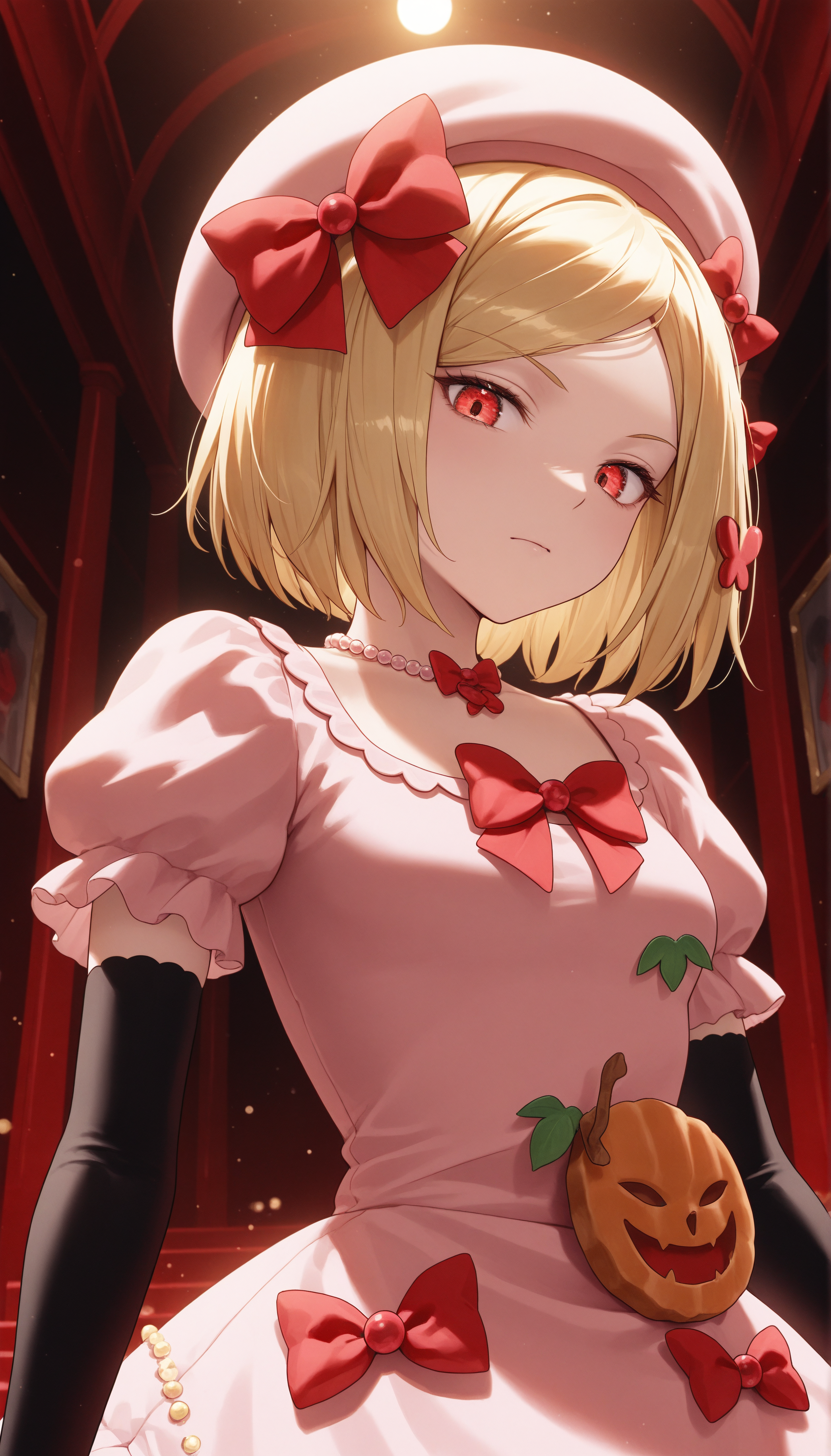 masterpiece, best quality, amazing quality, very aesthetic, highres, ultra-detailed, absurdres, newest, scenery, <lora:Lambdadelta_NoobVpred10_v1:1>, hat, lambdnoob, jewelry, solo, necklace, small breasts, kubrick stare, red bow BREAK volumetric lighting BREAK close view, close up, looking at viewer, <lora:noobai_vpred_1_aqm_complete_v3:1>