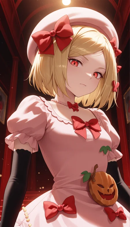 masterpiece, best quality, amazing quality, very aesthetic, highres, ultra-detailed, absurdres, newest, scenery, <lora:Lambdadelta_NoobVpred10_v1:1>, hat, lambdnoob, jewelry, solo, necklace, small breasts, kubrick stare, red bow BREAK volumetric lighting BREAK close view, close up, looking at viewer, <lora:noobai_vpred_1_aqm_complete_v3:1>