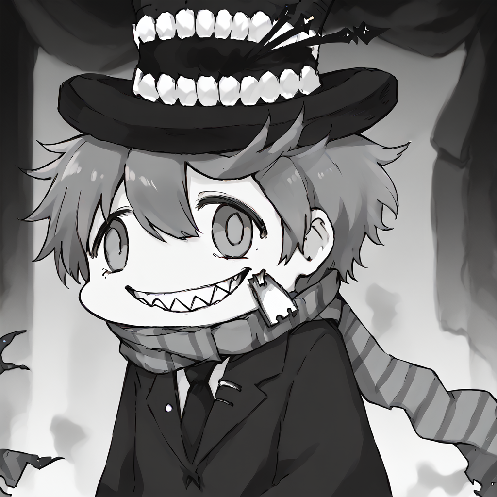 <lora:Happy_Heroine_Sniper:1> teeth, hat, sharp teeth, grin, scarf, top hat, monochrome, striped scarf, black suit
 <lora:sdxl-fxface-pony:0.8> fx-face, face_of_the_people_who_sank_all_their_money_into_the_fx_(meme)