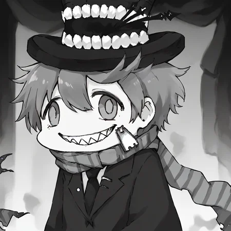 <lora:Happy_Heroine_Sniper:1> teeth, hat, sharp teeth, grin, scarf, top hat, monochrome, striped scarf, black suit
<lora:sdxl-fxface-pony:0.8> fx-face, face_of_the_people_who_sank_all_their_money_into_the_fx_(meme)
