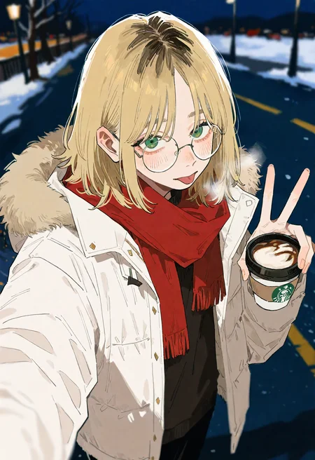 hachinuki tetsuyo, (go e 0000:1.2), (xilmo:1.1), vfaix,
1boy, solo, androgynous, medium hair, parted bangs, round eyewear, green eyes, long eyelashes, dirty blonde hair, black roots \(hair\), hair down, blush,
white jacket, fur-trimmed jacket, open jacket, scarf, :p,
standing, holding cup, disposable coffee cup, v, breath, selfie,
road, snow, night, lamppost, out of frame, blurry background, from above,
masterpiece, best quality, newest, absurdres, highres, very awa, (perspective:1.1),
<lora:ponyv6_noobV1_2_adamW:0.3>,
<lora:owk_bsh_yy:0.5>,
<lora:sample:0.8>,
<lora:veluflora-wai:0.4>,
<lora:96YOTTEA-WAI:0.4>