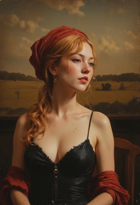 Busty, Realistic analog photo, awesome, high Quality, photorealistic, atmospheric lighting, volumetric lighting, cinematic, Epic Film Quality, OUtlaw Flair, space cowboy, blushed smiling, large bleaked marine-blue translucent sphere pearl earrings, realistic detailed skin, highly volumetric lighting, Cleavage, Feudal neo Tokyo in the Fantasy style of Jan Vermeer, ethereal charming wired princess Cyborg Samurai extreme intricate technical parts Face Closeup, wires and cables AS well as translucent Vintage mechanical robotic hoses, vibrant bleaked Red/grey and deep black color graded, Long blonde billowing hair, throwing kiss, Hairband,