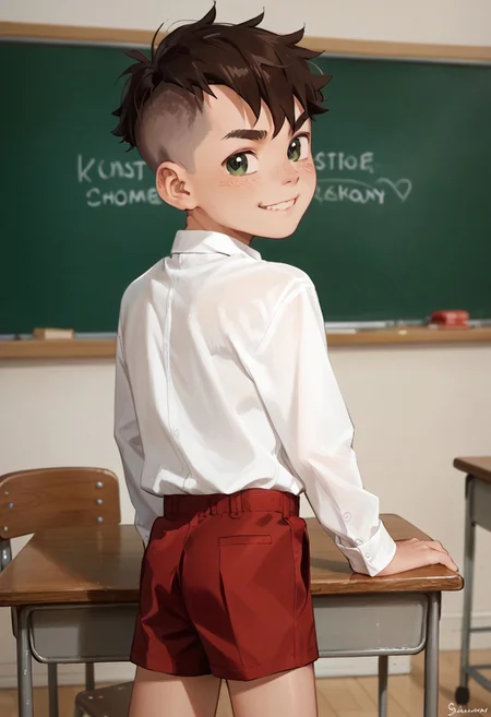 score_9,score_8_up,score_7_up, Intricate Details, Masterpiece, Best Quality, standing up , 1boy, solo, cute boy, school uniform, necktie, unbuttoned shirt, small shorts , from behind, looking back , small shorts , smug smile, looking at the viewer , legs , twink , skinny , thick eyebrows, smug smile , hands on big desk , leaning on big desk , Kai, Brown Hair, Undercut, Green Eyes, White Skin , school class room , desks , chairs , blackboard.