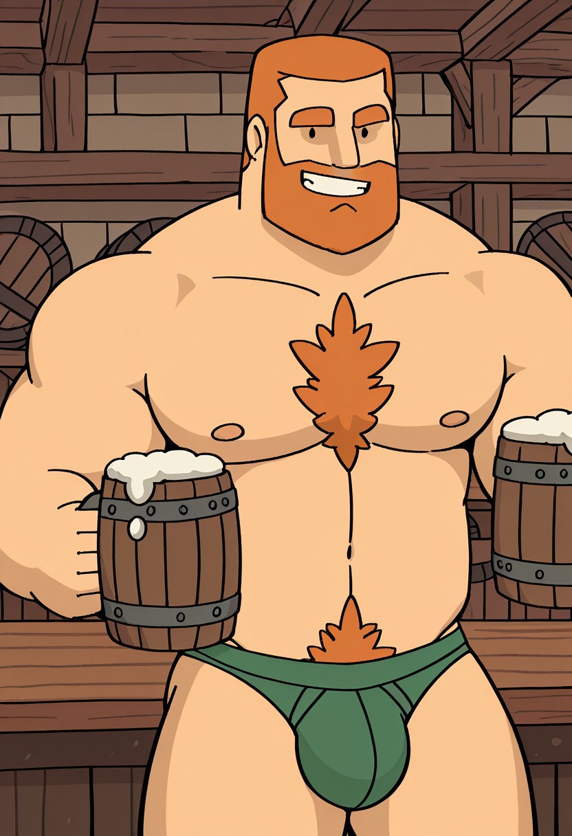 detailed background, detailed background, masterpiece, perfect quality, black dot eyes, best quality, detailed, newest, very aesthetic, LiamRMA, facial hair, bara, solo, orange hair, beard, 1boy, male focus, pectorals, muscular, indoors background, tavern, smile, looking at viewer, raised eyebrow, topeless male, green briefs, filling up beer mug from keg