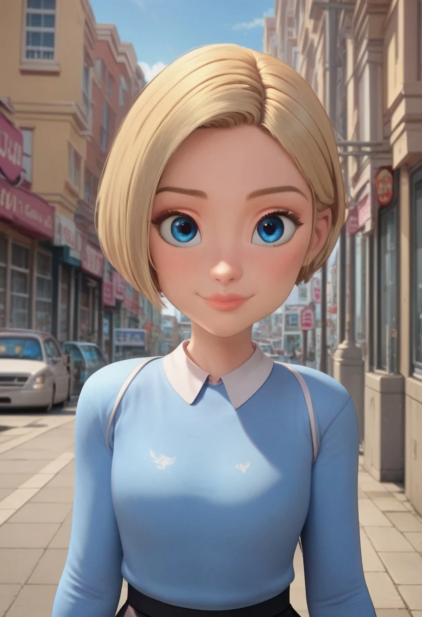 ((city background)),score_9, score_8_up, score_7_up,score_6_up,
1girl, Solo, Lucy_HI, light skin, blue eyes, light blonde eyebrows, light blonde hair, short straight hair, pink lips, long-sleeved pastel blue sweater, tight black skirt, long white socks, flat black shoes, social smile, big eyes, cute face, close-up, face photo, perfect eyes, perfect smile, perfect face