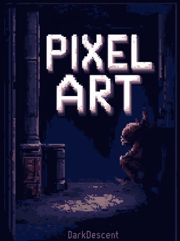 A pixel art poster for marketing. The poster text reads: "Pixel Art". At the bottom smaller text reads: "DarkDescent". Designed by a genius and given to the common folk on the internet.<lora:General Flux\darkdescent-pixel-art.safetensors:0.9:1.0>