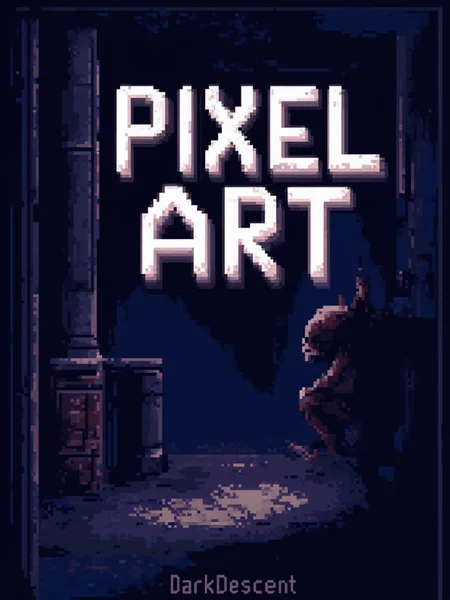 A pixel art poster for marketing. The poster text reads: "Pixel Art". At the bottom smaller text reads: "DarkDescent". Designed by a genius and given to the common folk on the internet.<lora:General Flux\darkdescent-pixel-art.safetensors:0.9:1.0>