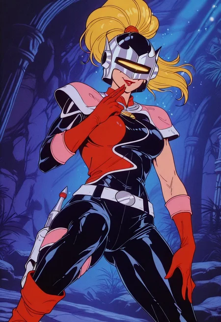 MandoraTC, 1girl, solo, blonde hair, long hair, ponytail, helmet, mask, yellow visor, lips, red lipstick, large breast, pink shoulder wrap, multicolored bodysuit, asymmetrical clothes, pink vambraces, red gloves, thick thighs, belt, red boots, tight bodysuit, shoulder pads, thigh holster,
,seductive pose, sexy pose, tease,
masterpiece, best quality, fine details, intricate details, depth of field, subsurface scattering, bokeh,
ultra-detailed, very aesthetic, detailed background, newest, scenery, highres, absurdres, colorful, vibrant, glowing, perfect face, 2d, perfect eyes, vibrant saturated colors, volumetric lighting, sharp, detailed eyes, perfect anatomy, perfect face, perfect eyes, mature body, clear eyes, beautiful eyes, athletic, curvy body, athletic girl, perky tits, perfect tits, round breasts, pinup pose, teasing, lustful expression, perfect hands,
muscular female, dutch angle,
naughty smile, dat ass, large butt, female focus,
,,Smooth Negative, Smooth_Quality,
90s_anime_aesthetic, 1990s (style), dark_fantasy_style, dark fantasy, retro,