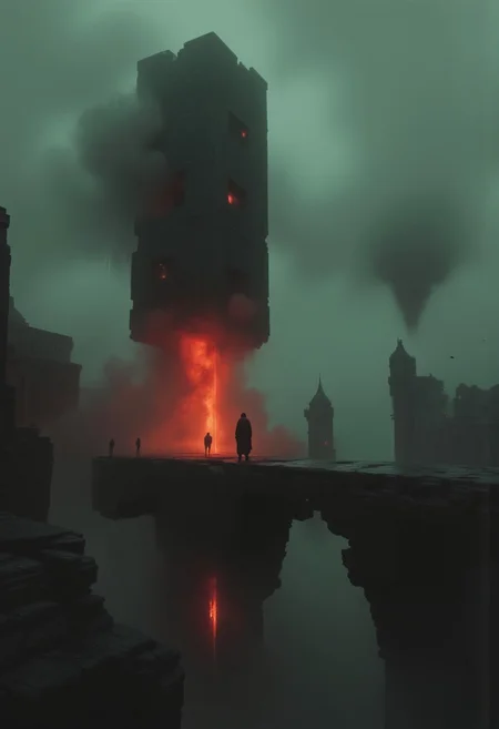 The surrounding environment is a desolate, crumbling landscape, bathed in harsh shadows and mist that swirl around the warrior's feet, rising like dark tendrils. The distant silhouette of a dying city can be seen in the background, its once-mighty spires now reduced to crumbling ruins. A faint, ethereal glow emanates from the ruins, a distant, fading life force now consumed by darkness.
The air is thick with an eerie haze, the light diffused and muted, shifting from sickly green to deep reds and warm orange, creating a haunting, cinematic glow. The entire scene is drenched in atmospheric light, pulling the viewer into this dark fantasy world of despair, power, and looming threat. The demonic warrior remains stoic and unyielding, his presence alone a harbinger of destruction, the very embodiment of a wrathful, ancient force. neon-mist,