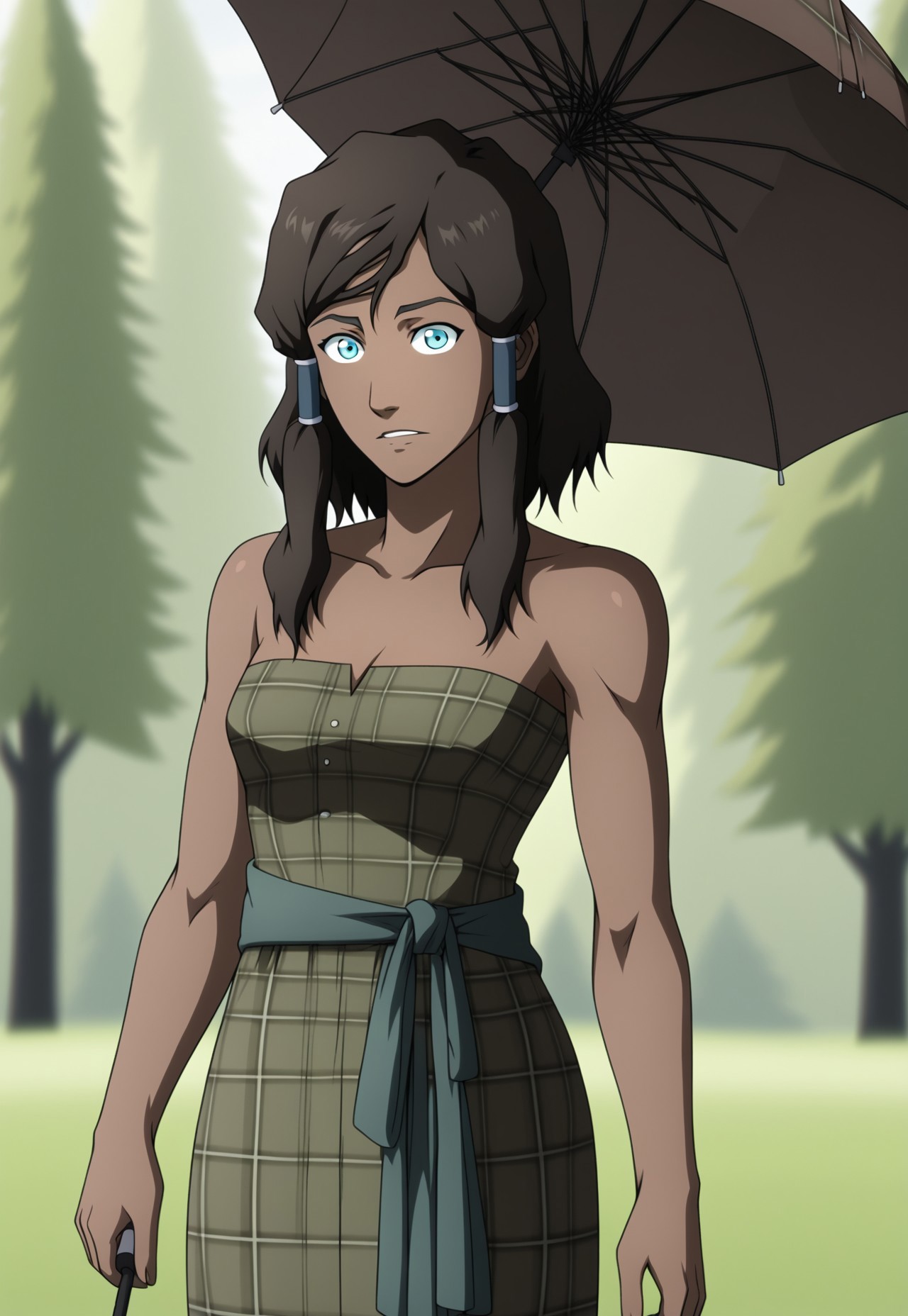 NeWiStyle, Korra, hair tubes, 1girl, plaid clothes, plaid dress, brown dress, green dress, strapless dress, umbrella