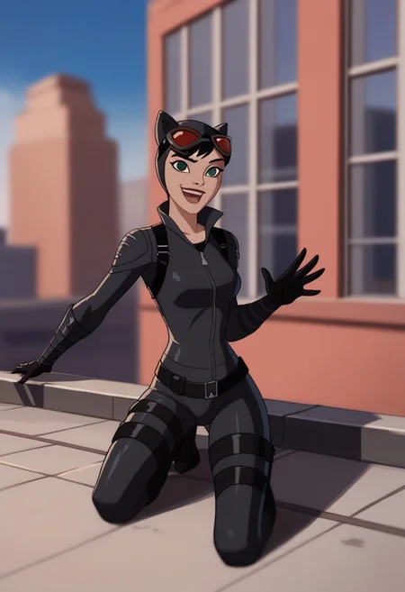 Score_9, score_8_up, score_7_up, score_6_up, SpecStyle, <lora:SpecPony:1.1>, wide shot, animated Catwoman, black hair, teeth, looking at viewer, open mouth smile, blue sky, blurry background, building, blurry, parody, black eyes, 1girl, solo, outdoors, day, armor, full_body, female focus, posing, bodysuit, on rooftop, leaning against rooftop door,
