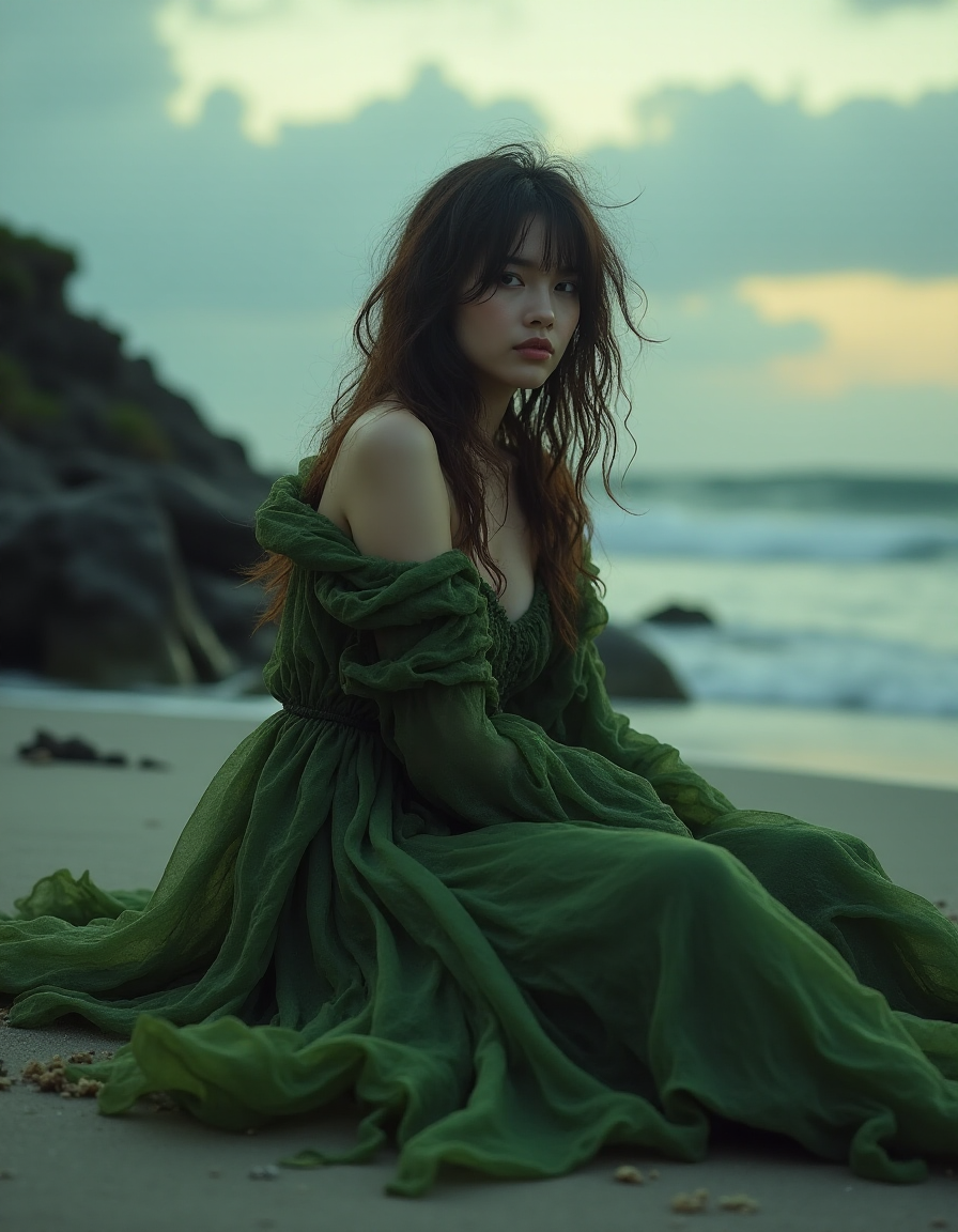 beautiful woman with messy hair and melancholic appearance sitting on the ground in a voluminous dress made of dull green seaweed in a rocky beach setting at dawn, muted tones, nostalgia, melancholy, hyper-detailed