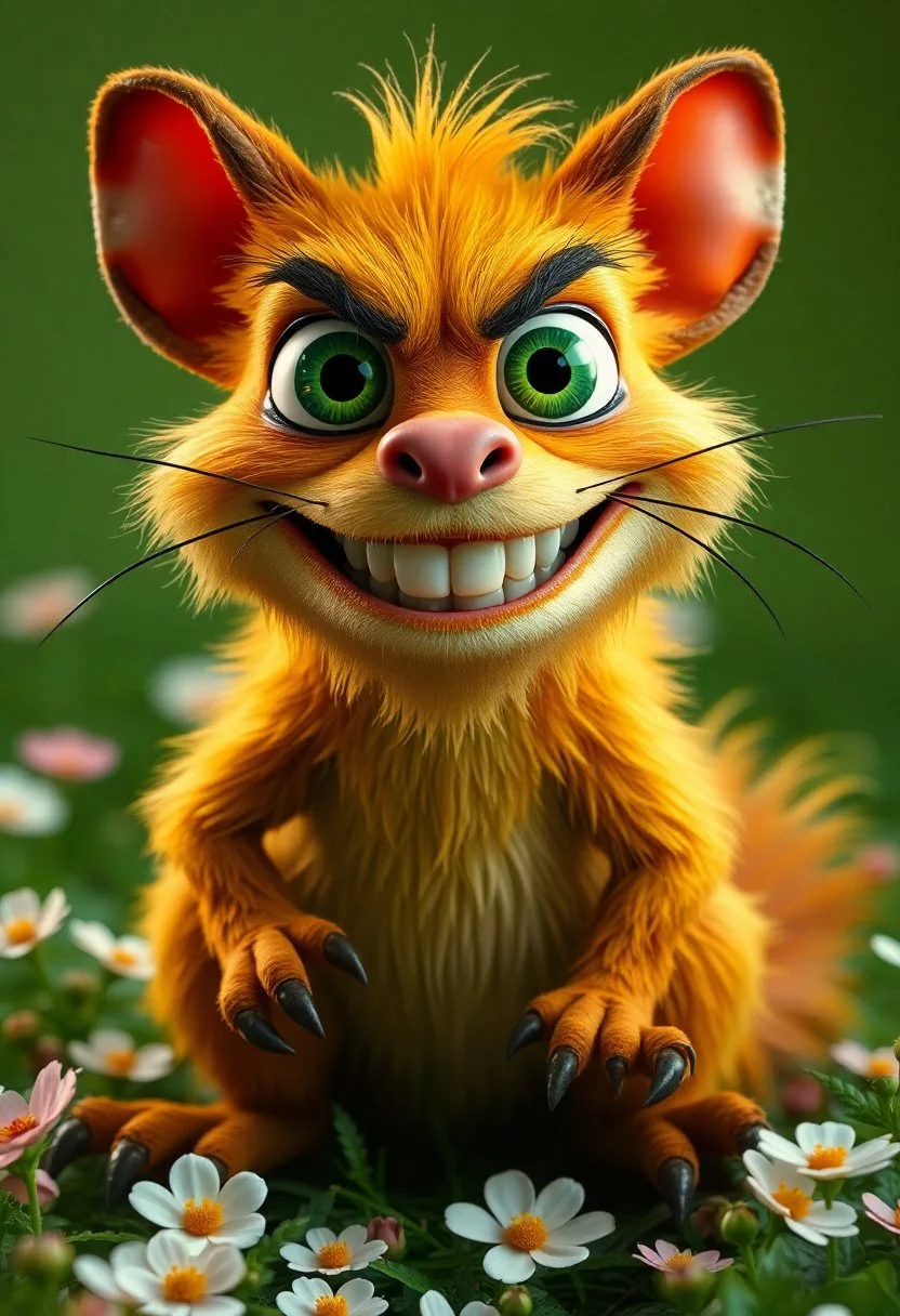 The image shows an exaggerated, cartoon-like creature with large green eyes, sharp teeth, and a wide, mischievous smile. It has a yellowish-brown fur coat, long whiskers, and sharp claws, with a bushy tail. The setting is a simple flowers green background. highly detailed, high contrast, film grain, Rim Lighting, absurdres, amazing quality,,solo, smile, simple background, animal ears, sitting, tail, full body, teeth, cat ears, grin, cat tail, no humans, cat, sharp teeth, black background, claws, outline, green theme,realistic,, rich vivid colors, fertile, professional creative, dynamic cinematic perfect background, very coherent