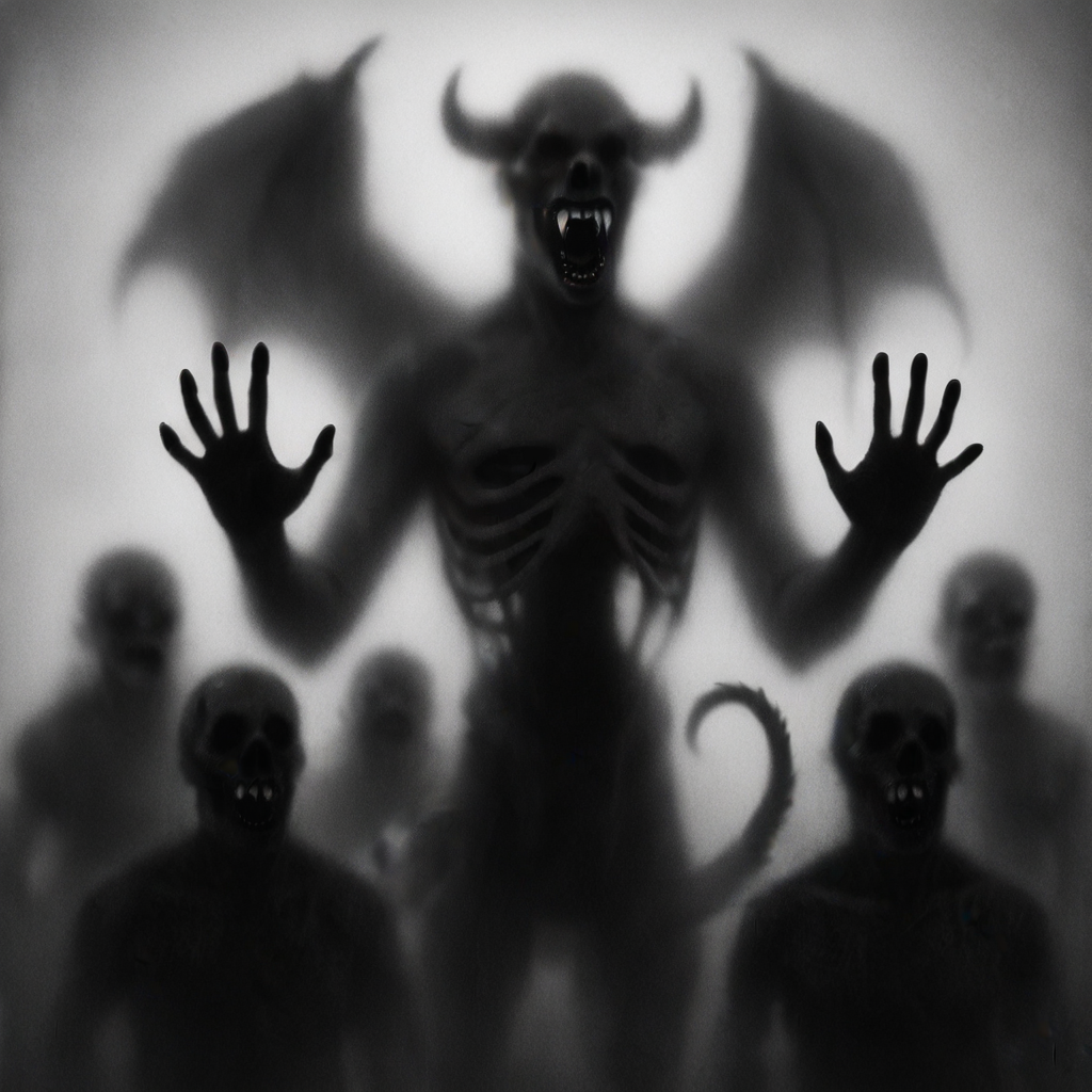 masterpiece, best quality, newest, absurdres, highres, IBWV1.0, silhouette, blurry, monochrome, window, glass, 1boy, monster, monster boy, eldrich, eldrich horror, tentacles, tusks, fangs, sharp teeth, wings, demon wings, tail, demon, demon boy, unead, zombie, ribs, skull,