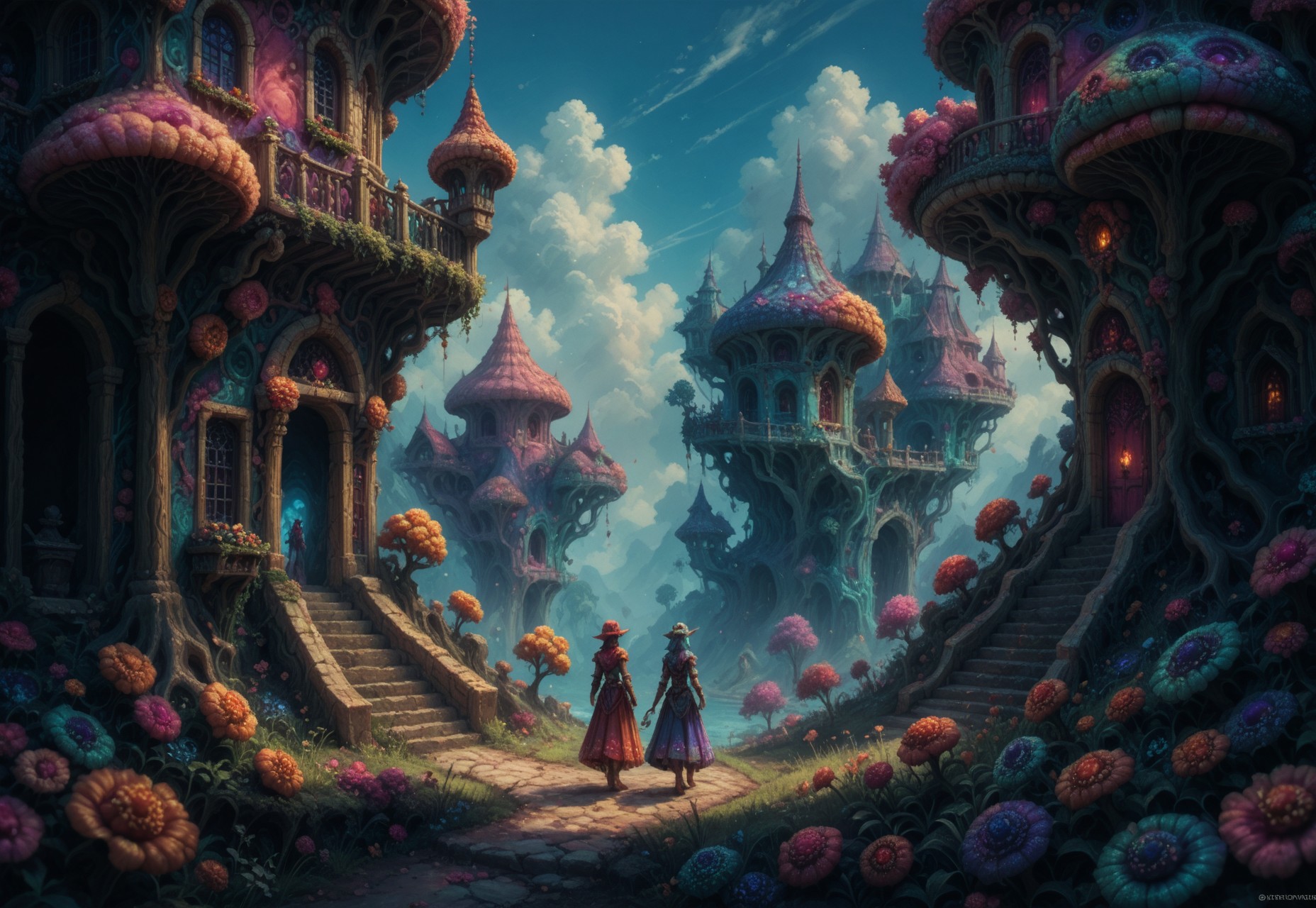 colored skin, score_9,score_8,score_7,[score_6],[[score_5]], fantasy D&D colorful scenery, 2girls standing