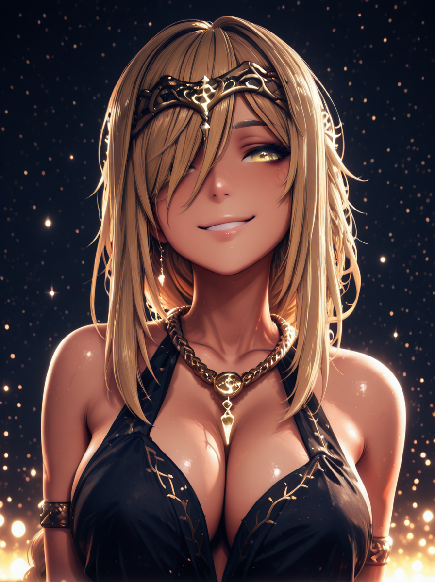 best quality, amazing quality, very aesthetic, absurdres, realistic,3D, render, 3d render, 1girl, queen marika the eternal, blonde hair, long hair, long braid,  yellow eyes, hair over one eye, black dress, large breasts, armlet, gold bracelet, gold necklace, circlet, cleavage, gold chain, bare shoulders, smile, upper body, solo, looking at viewer, dark background, simple background, particles, bokeh, black background,starry background,galaxy background,dark,contrast, <lora:QueenMarikaNoobXL_byKonan:1>