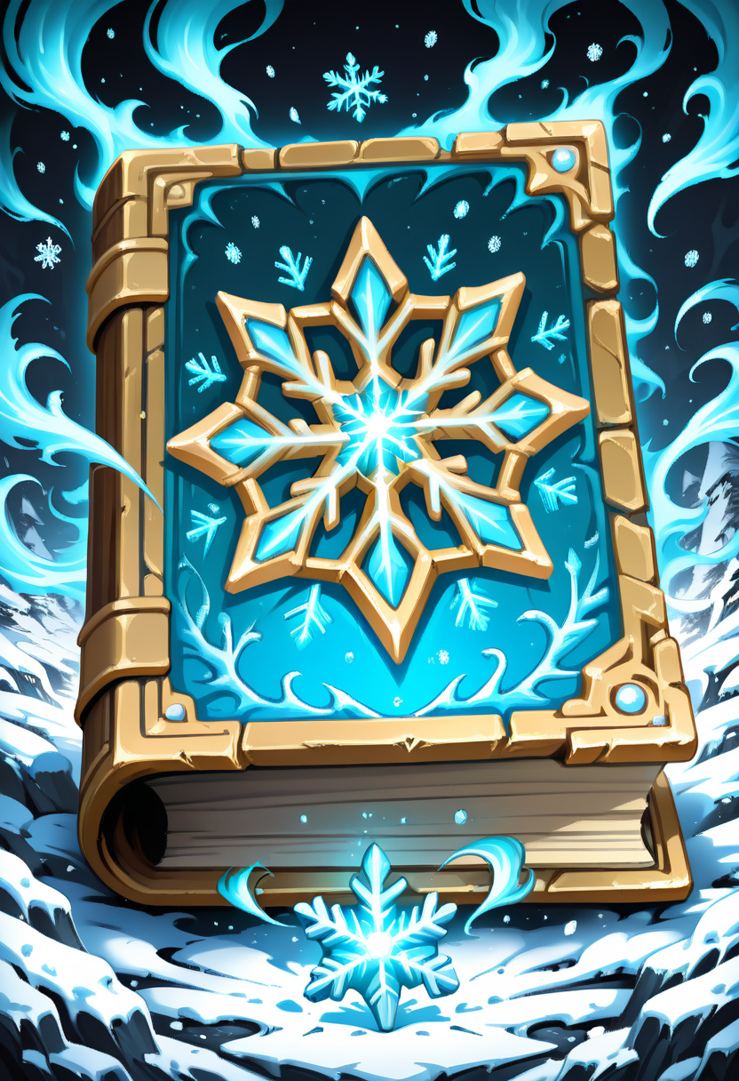 masterpiece, best quality, no humans,   CitronsGrimoires, blue book, frost-covered, snowflake motif, enchanted tome, glacial magic, frozen aura, shimmering snow, glowing runes, ancient spellbook, solo object, soft blue glow, icy mist, delicate frost patterns, snow-covered ground, winter atmosphere, magical sparkles, cinematic lighting, cold breath â Resting atop a snow-dusted pedestal, the blue grimoire radiates a chilling elegance. Its cover glimmers with frozen runes and delicate snowflake etchings, each detail sealed beneath a thin layer of frost. Wisps of icy mist curl from its pages, drifting like frozen breath into the crisp air. As the book slowly opens on its own, swirling snowflakes gather around it, dancing in a silent storm. The magic it holds is ancient, serene, and dangerously coldâcapable of freezing time itself.  ,<lora:CitronsGrimoiresIXL:1.0>,
