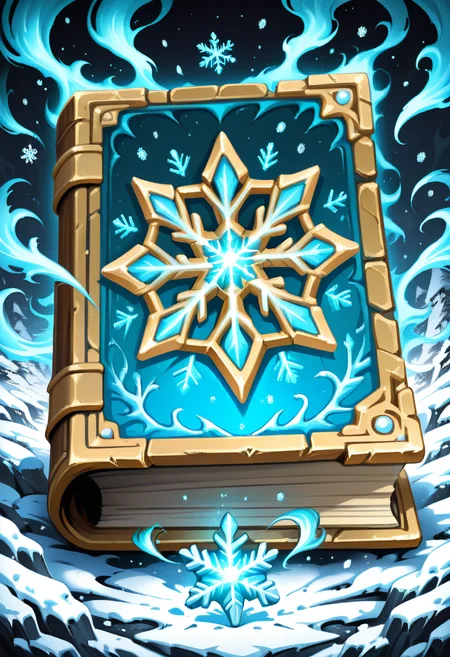 masterpiece, best quality, no humans, CitronsGrimoires, blue book, frost-covered, snowflake motif, enchanted tome, glacial magic, frozen aura, shimmering snow, glowing runes, ancient spellbook, solo object, soft blue glow, icy mist, delicate frost patterns, snow-covered ground, winter atmosphere, magical sparkles, cinematic lighting, cold breath â Resting atop a snow-dusted pedestal, the blue grimoire radiates a chilling elegance. Its cover glimmers with frozen runes and delicate snowflake etchings, each detail sealed beneath a thin layer of frost. Wisps of icy mist curl from its pages, drifting like frozen breath into the crisp air. As the book slowly opens on its own, swirling snowflakes gather around it, dancing in a silent storm. The magic it holds is ancient, serene, and dangerously coldâcapable of freezing time itself. ,<lora:CitronsGrimoiresIXL:1.0>,