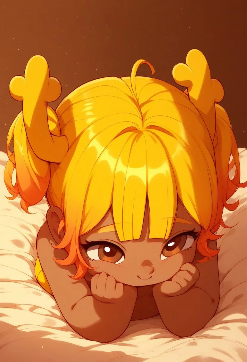 Score_9, score_8_up Expressiveh, score_7_up, score_6_up, score_5_up, score_4_up, 1girl, Penny_Human, child, kid, cute girl, brown skin, blonde hair, orange-tipped hair, two pigtails, two horns, brown eyes, yellow iris, yellow wings, full body, lying, bed, bedroom,