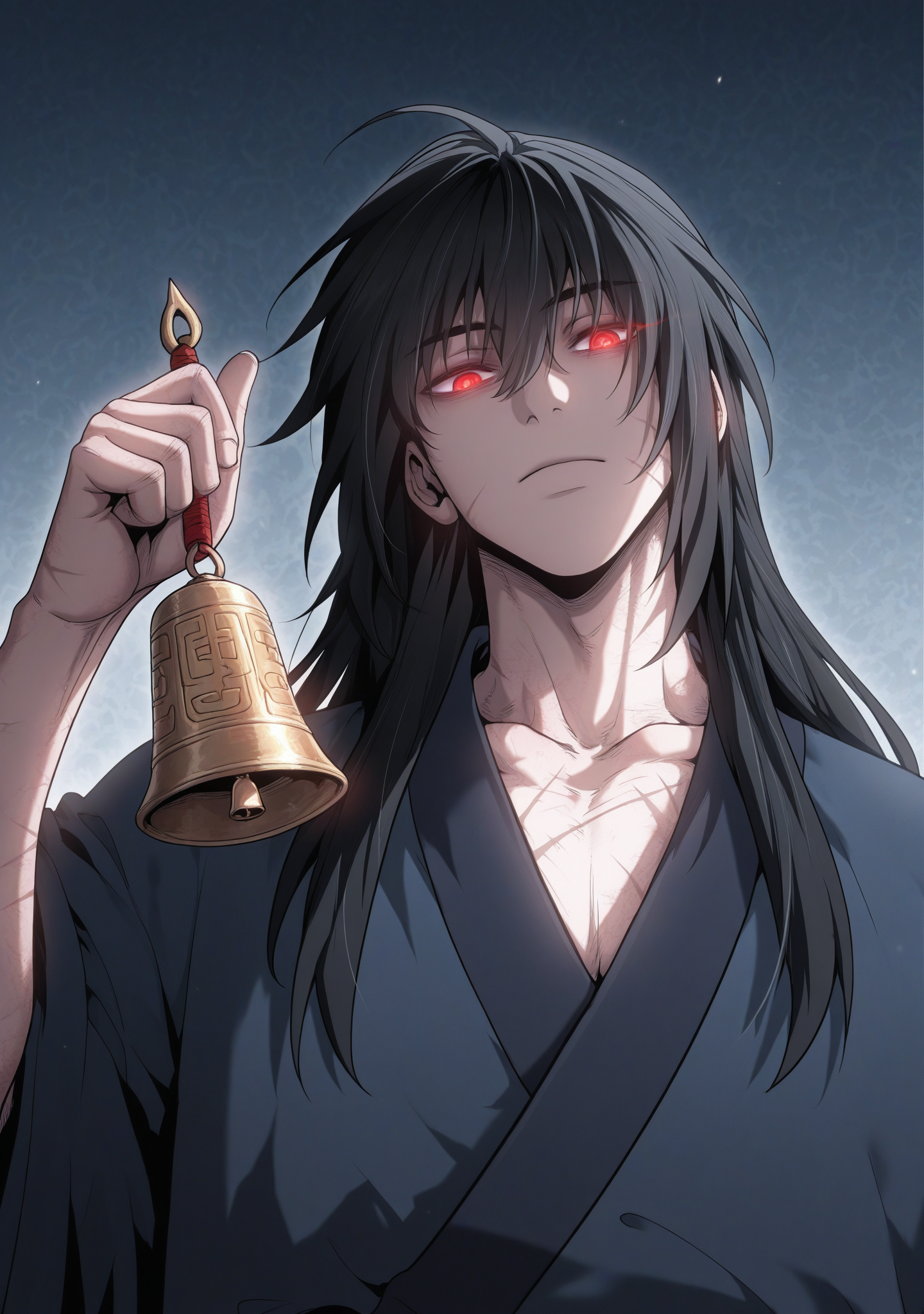 masterpiece,best quality,amazing quality,expressionless,
1boy,looking at viewer,upper body,<lora:lihuowang2-000005:1>,lihuowang,long hair,black hair,scar,glowing eyes,holding bell,