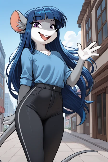 masterpiece, best quality, amazing quality, very aesthetic, high resolution, ultra-detailed, absurdres, newest BREAK 1girl, solo, violet_ts, anthro, furry female, mouse ears, mouse tail, purple eyes, blue shirt, black pants, happy, smile, open mouth, looking at viewer, waving, outdoors, city, street, day, blue sky