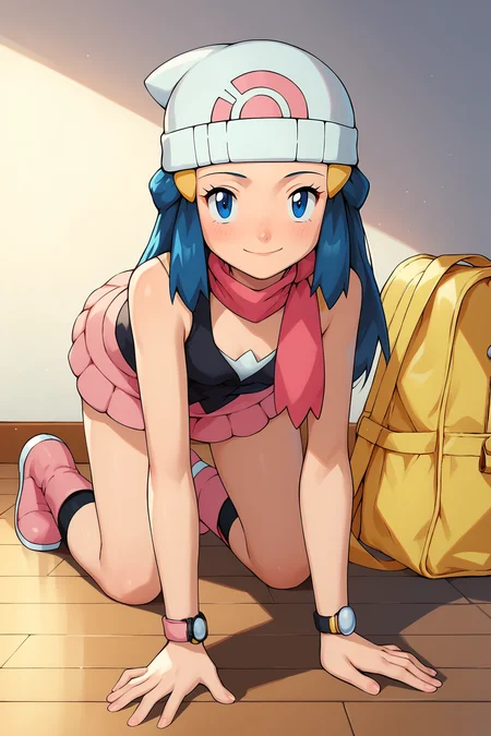 score_9, score_8_up, score_7_up, score_6_up, BREAK, DawnPXL, blue eyes, blue hair, long hair, ornament hair, white beanie, small breasts, pink scarf, yellow bag, sleeveless, black shirt, pink skirt, black socks, pink boots, solo, full body, all fours, seductive smile, looking at viewer, indoors <lora:DawnPXL:1>
