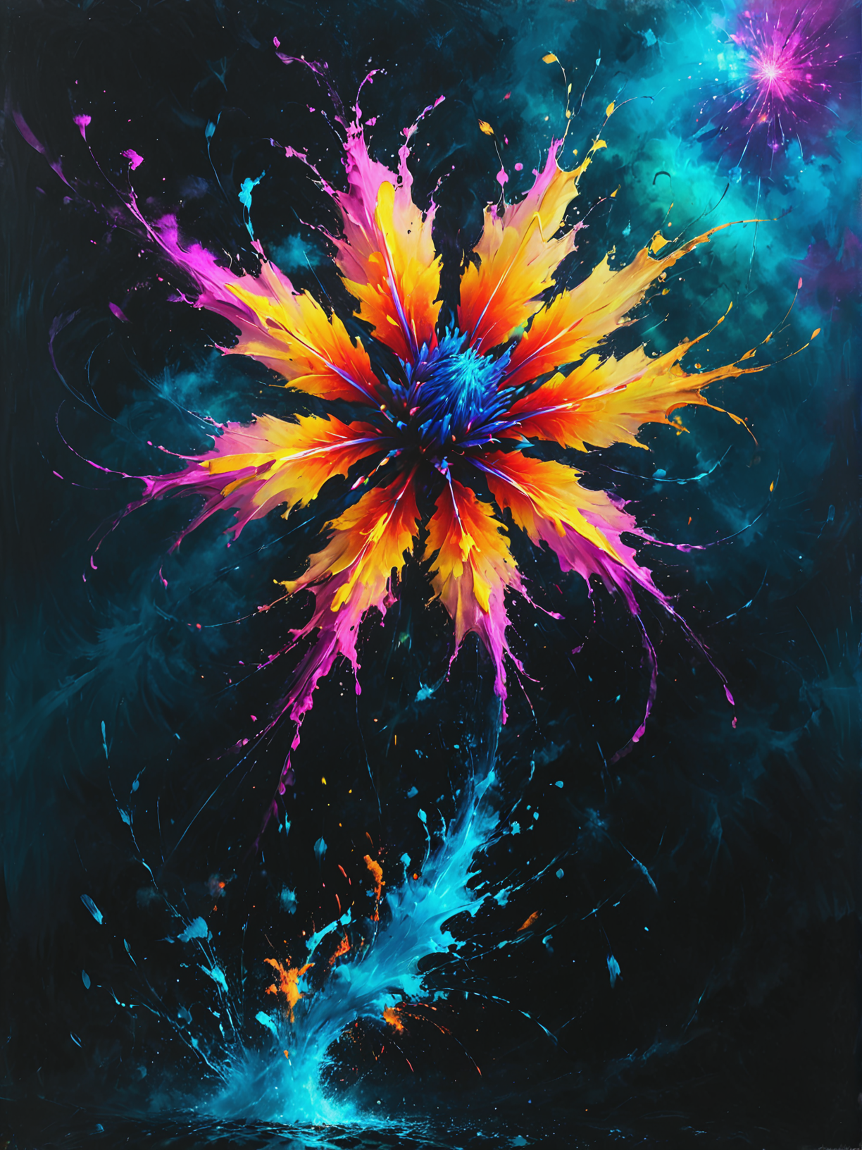 Sorcerer's laughter creates floating fireworks, ultra-fine digital painting, <lora:xl_more_art-full_v1:0.3>,  <lora:Desolation:0.6> <lora:gorgoeus_splash_of_vibrant_paint:0.7> Gorgeous splash of vibrant paint