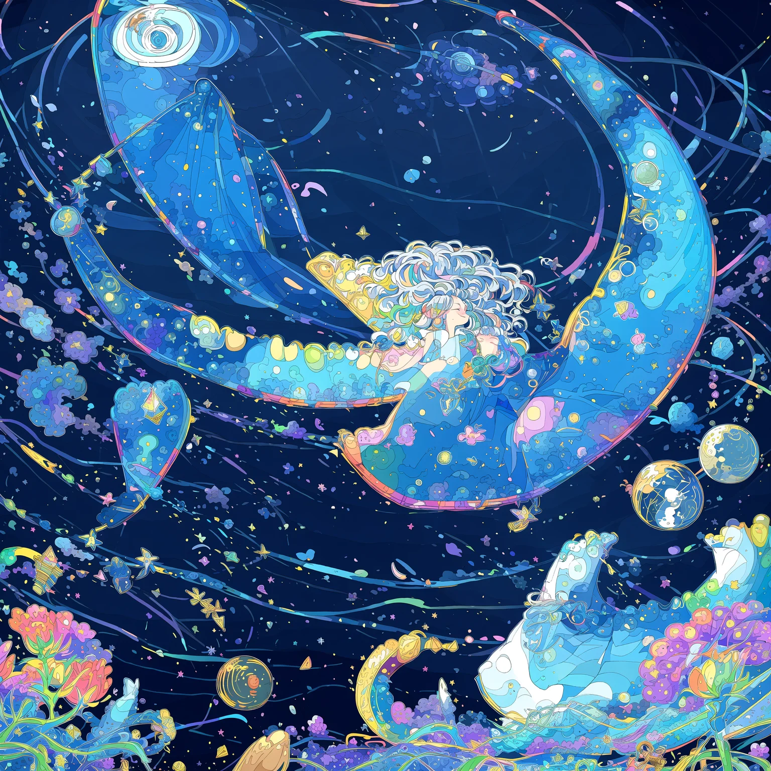 (masterpiece, best quality), 1girl, flower, white hair, moon, star (symbol), long hair, crescent, crescent moon, underwear, cloud,