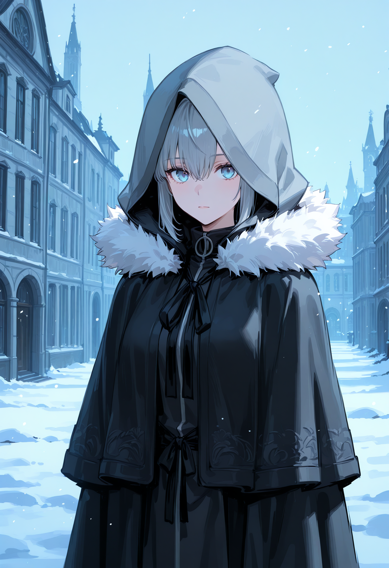 <lora:Gray.safetensors:0.9:0.9> <lora:SDXL_HandFineTuning_XL.safetensors:0.4:0.4> <lora:for_illust_spo_sdxl_10ep_4k-data_lora_webui.safetensors:0.7000000000000001:0.7000000000000001> <lora:for_illust_GBF_Illustrious.safetensors:0.4:0.4> <lora:for_illust_ponyv5_noobV065S_1_adamW-000013.safetensors:0.4:0.4> <lora:for_illust_748cmSDXL.safetensors:0.2:0.2> <lora:warm light style v2.safetensors:0.4:0.4>,perfect quality, best quality, absolutely eye-catching, cinematic, (masterpiece), (ultra-detailed), Soft lighting, very aesthetic, illustration, perfect composition, ultra detailed face, 1girl, standing, portraitlooking at viewer, expressionless, 1girl, gray, grey hair, blue eyes, black jacket, black cloak, hood up, hair between eyes, double-parted bangs, sidelocks, black ribbon, fur-trimmed coat,outdoors,