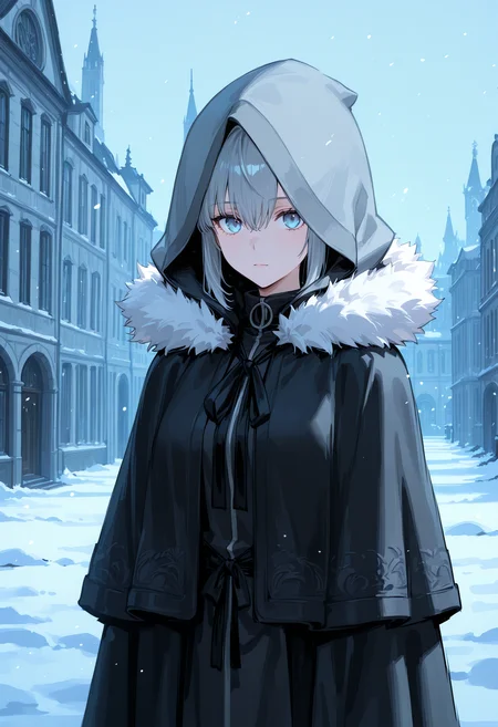 <lora:Gray.safetensors:0.9:0.9> <lora:SDXL_HandFineTuning_XL.safetensors:0.4:0.4> <lora:for_illust_spo_sdxl_10ep_4k-data_lora_webui.safetensors:0.7000000000000001:0.7000000000000001> <lora:for_illust_GBF_Illustrious.safetensors:0.4:0.4> <lora:for_illust_ponyv5_noobV065S_1_adamW-000013.safetensors:0.4:0.4> <lora:for_illust_748cmSDXL.safetensors:0.2:0.2> <lora:warm light style v2.safetensors:0.4:0.4>,perfect quality, best quality, absolutely eye-catching, cinematic, (masterpiece), (ultra-detailed), Soft lighting, very aesthetic, illustration, perfect composition, ultra detailed face, 1girl, standing, portraitlooking at viewer, expressionless, 1girl, gray, grey hair, blue eyes, black jacket, black cloak, hood up, hair between eyes, double-parted bangs, sidelocks, black ribbon, fur-trimmed coat,outdoors,