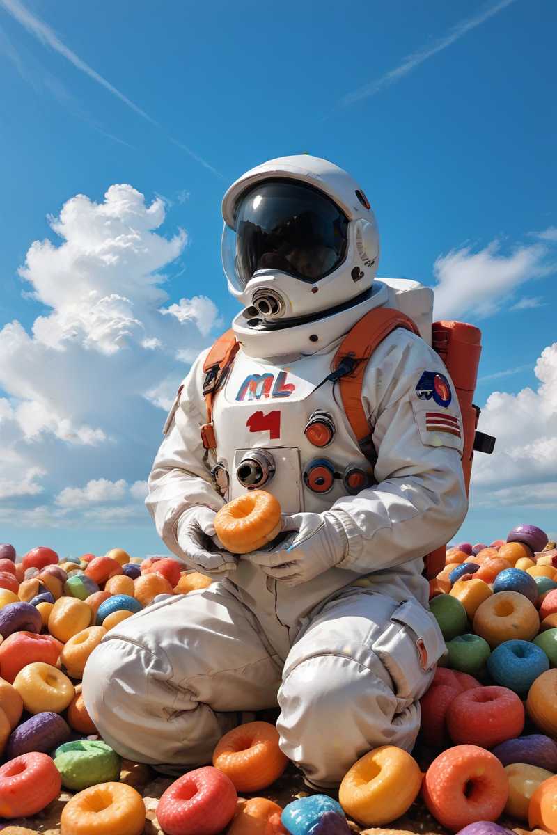milk background,
cloud sky,
miniature photography,no face,
mini astronaut sitting on food,cowboy shot, 
score_9, score_8_up, score_7_up, score_6_up,  
<lora:swimming_in_cereal:0.8>hud_cere4l_sw1m,
<lora:sdxl_lightning_8step_lora:1> ,dof,