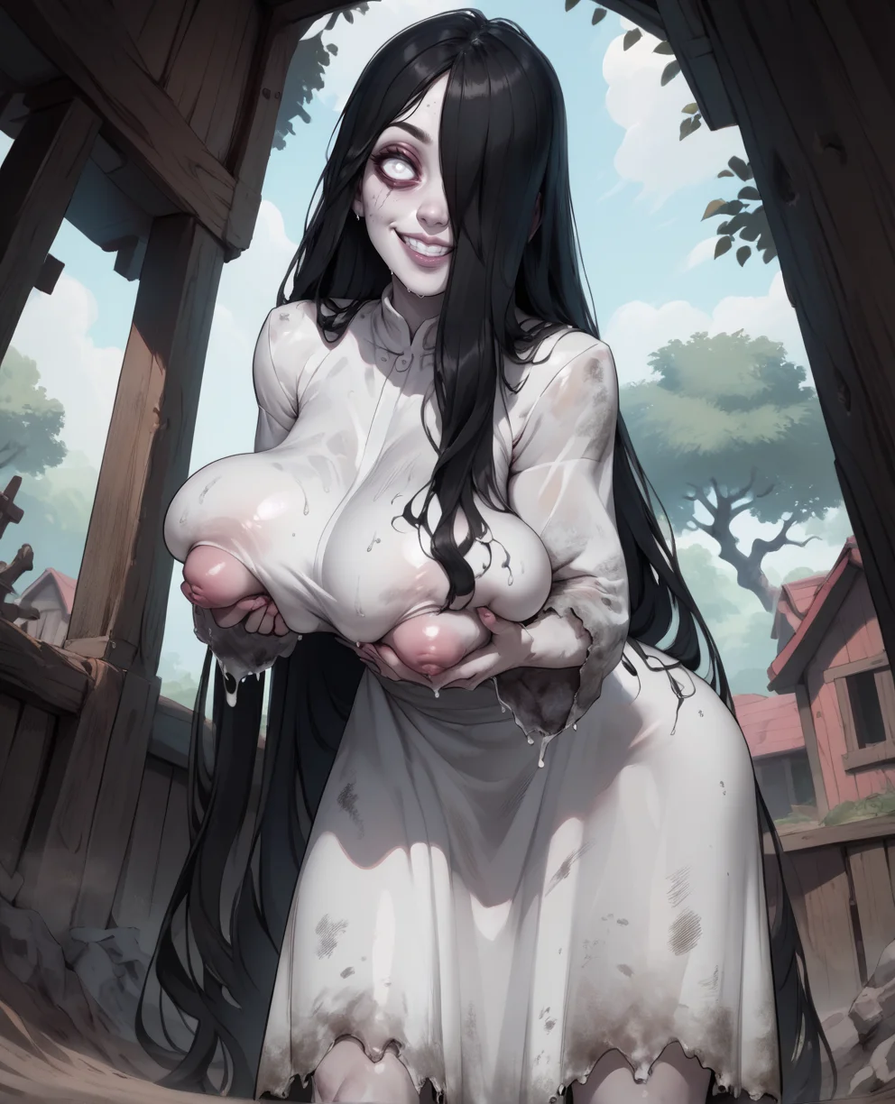 score_9,score_8_up,score_7_up,
theonryoxl,long black hair,pale skin,white eyes,evil smile,very long hair,hair over one eye,
dirty white dress with sleeves,skin tight,leaning forward,from below,
sagging breasts,puffy nipples,wet clothes,breast lift,
old house,dirt,
<lora:TheOnryoS:0.9>,