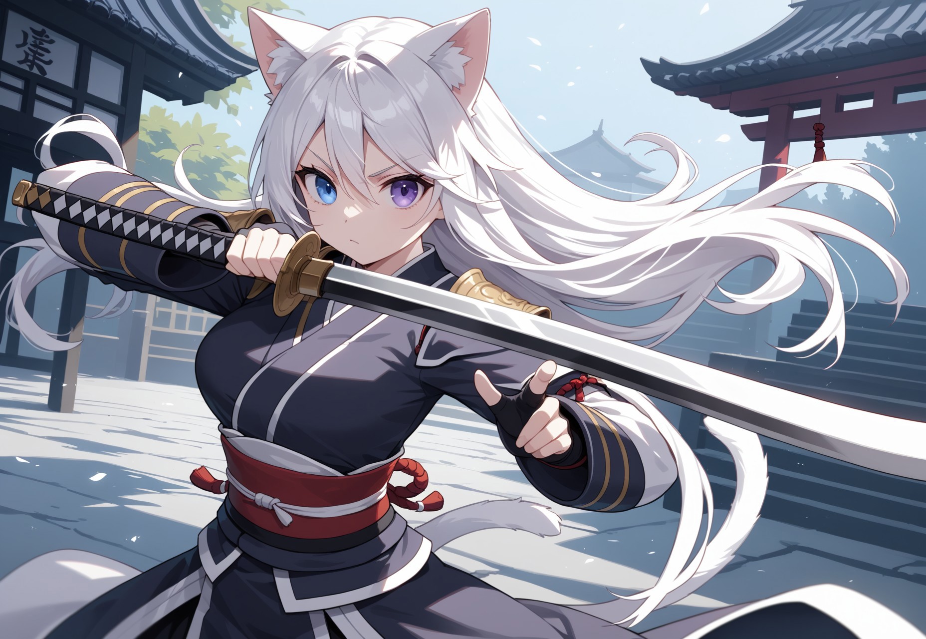 safe_pos, safe_pos, safe_pos, 1 girl, solo focus, white cat ears, white cat tail, , Score_9, Score_8_up, Score_7_up, fine details, small face, large breasts (size D), long straight hair, white hair, big eyes, ,heterochromia (bold purple on the right and ice blue on the left), straight hair, infinitely cute, pretty, asymmetrical bangs between the eyes, loose hair, loose hair over the sides of the head, black barrette in the hair, masterpiece, anime source, bold colors, soft facial features, petite, cute,, round face, very petite and slim,

Samurai armor, ancient Japanese village, serious facial expression, holding katana, fighting pose, epic pose