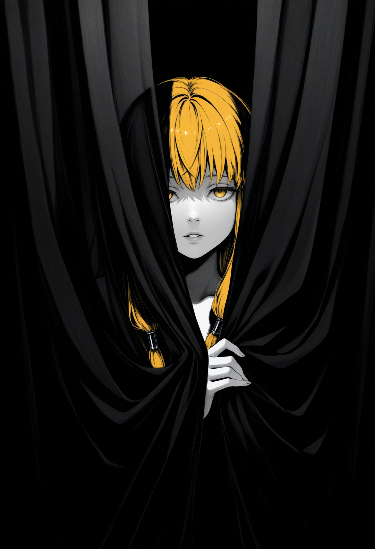 masterpiece, best quality, 1girl, solo, S3ri3, yellow eyes, blonde hair, long hair, hair tubes, ear bar, watercolor \(medium\), spot color, monochrome, traditional media, looking at viewer, parted lips, convenient censoring, behind curtains, covering, dark theme, high contrast, silhouette, <lora:ChamSerieNoob:1>