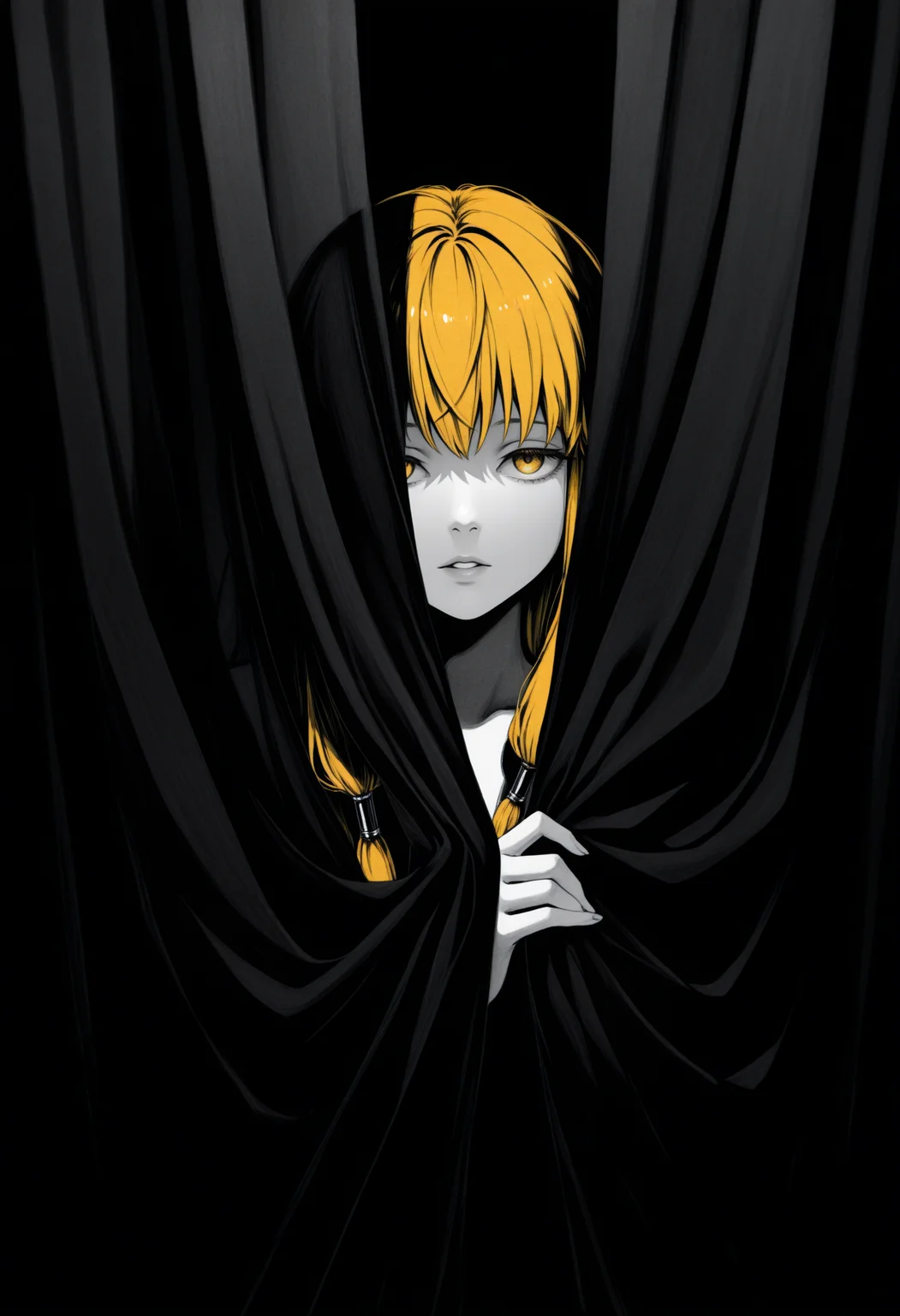 masterpiece, best quality, 1girl, solo, S3ri3, yellow eyes, blonde hair, long hair, hair tubes, ear bar, watercolor \(medium\), spot color, monochrome, traditional media, looking at viewer, parted lips, convenient censoring, behind curtains, covering, dark theme, high contrast, silhouette, <lora:ChamSerieNoob:1>