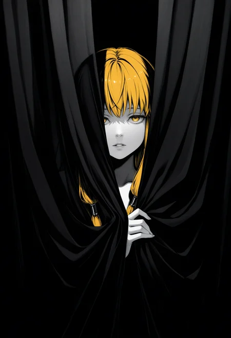 masterpiece, best quality, 1girl, solo, S3ri3, yellow eyes, blonde hair, long hair, hair tubes, ear bar, watercolor \(medium\), spot color, monochrome, traditional media, looking at viewer, parted lips, convenient censoring, behind curtains, covering, dark theme, high contrast, silhouette, <lora:ChamSerieNoob:1>