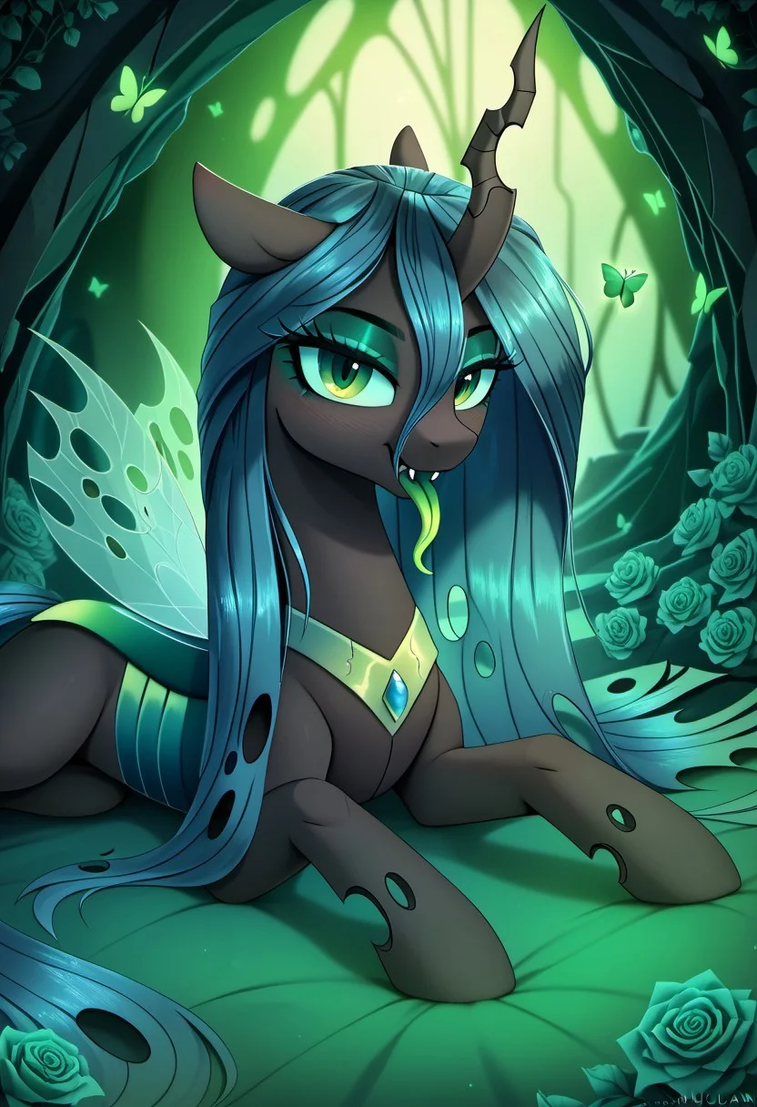 masterpiece, score_9, score_8_up, score_7_up, score_6_up, (best quality:1.1), ultra-detailed, high resolution, (solo), (1WOMAN), (ALICORN PONY), (GODDESS CHRYSALIS) ((long cerulean hair:1.2)), (highly detailed pony face:1.4), (beautiful detailed green shiny slitted eyes), (long luscious eyelashes:1.4), (detailed hair:1.5), (shiny black fur:1.5), (shiny skin:1.5), (seductive smile:1.5), (green royal regalia with holes:1.5), ((highly detailed green hive background:1.5)), (green changeling hive background:1.5) ((green butterflies all around her:1.5)), (green roses all around her:1.5), (dynamic pose:1.4), (green long tongue:1.6), (tongue out:1.5), (green blush:1.5), (laying down in green bed:1.5), high quality, sharp, the quality of ai art is frightening, highly detailed, Highly Visible, sharp focus, high detail, detailed background,