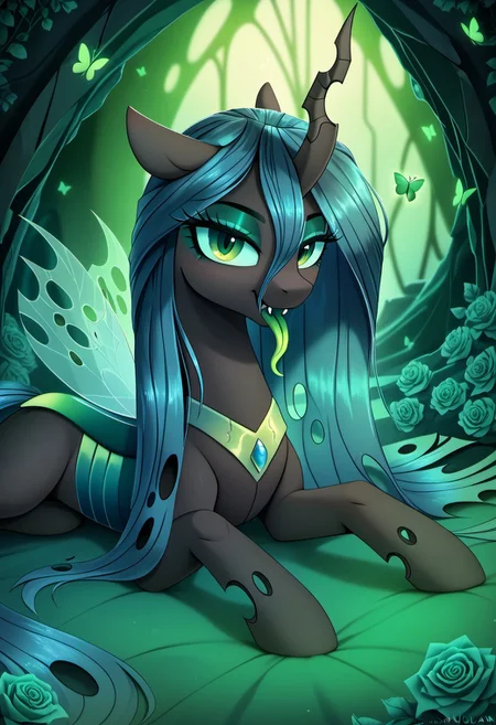 masterpiece, score_9, score_8_up, score_7_up, score_6_up, (best quality:1.1), ultra-detailed, high resolution, (solo), (1WOMAN), (ALICORN PONY), (GODDESS CHRYSALIS) ((long cerulean hair:1.2)), (highly detailed pony face:1.4), (beautiful detailed green shiny slitted eyes), (long luscious eyelashes:1.4), (detailed hair:1.5), (shiny black fur:1.5), (shiny skin:1.5), (seductive smile:1.5), (green royal regalia with holes:1.5), ((highly detailed green hive background:1.5)), (green changeling hive background:1.5) ((green butterflies all around her:1.5)), (green roses all around her:1.5), (dynamic pose:1.4), (green long tongue:1.6), (tongue out:1.5), (green blush:1.5), (laying down in green bed:1.5), high quality, sharp, the quality of ai art is frightening, highly detailed, Highly Visible, sharp focus, high detail, detailed background,
